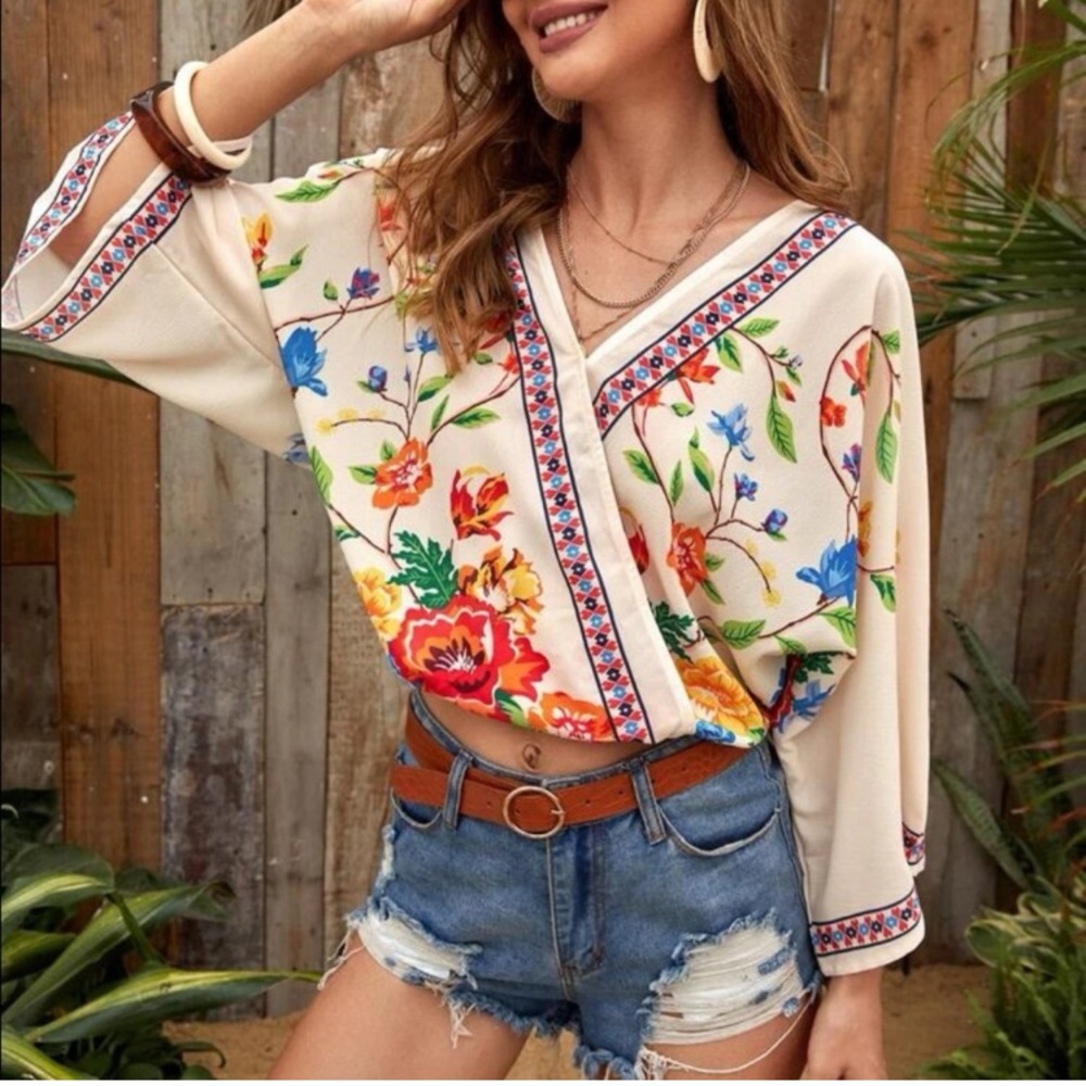 NWT SHEIN Bohemian Cream Floral Wrap Top